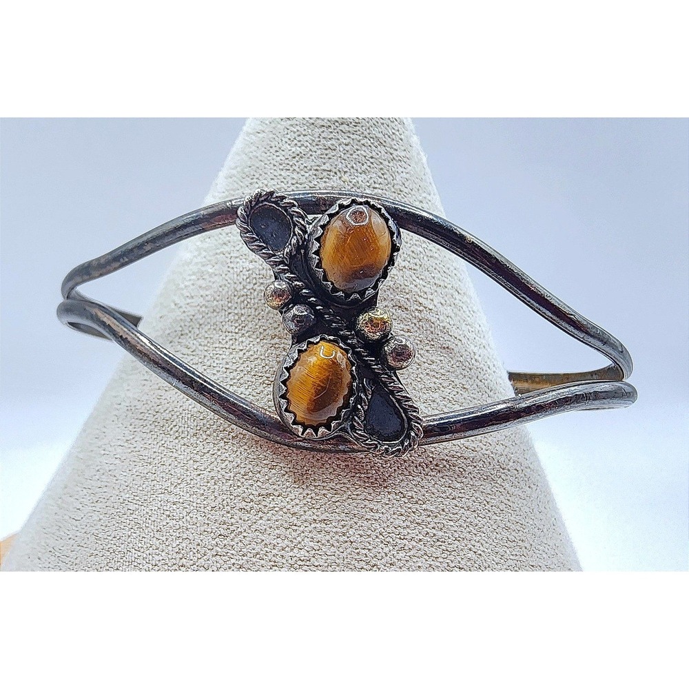 Vtg Native American Navajo Tiger's Eye Open Work Cuff Bracelet Silver‎ Southwest
